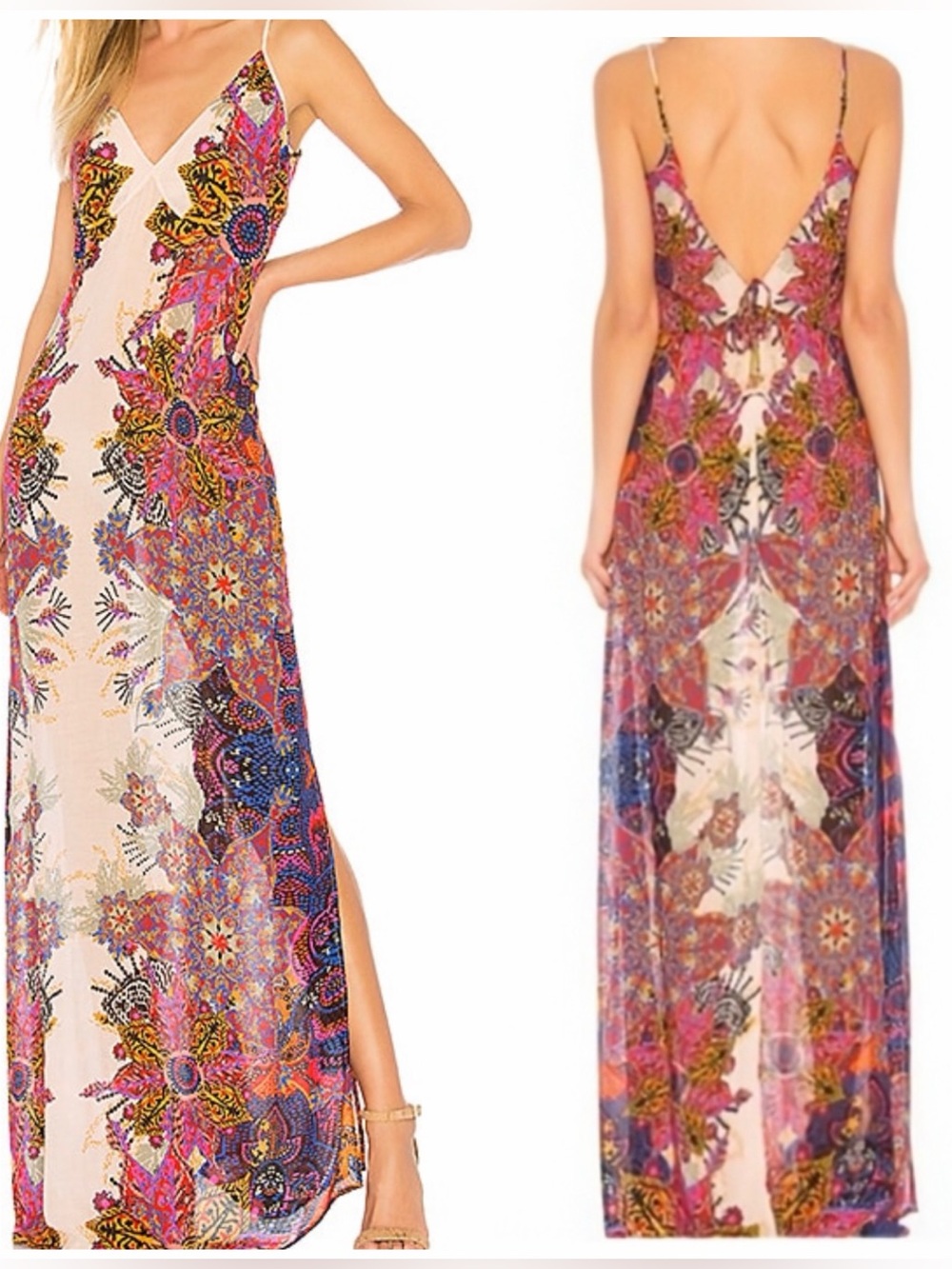 Free People Bohemian Festival XS Maxi Dress Open Back Side Slit Pink Multicolor